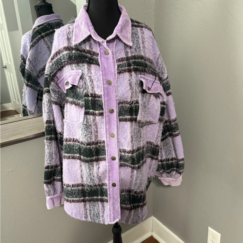 Pol x Anthropologie Purple Fuzzy Plaid Shacket Corduroy Trim Medium.